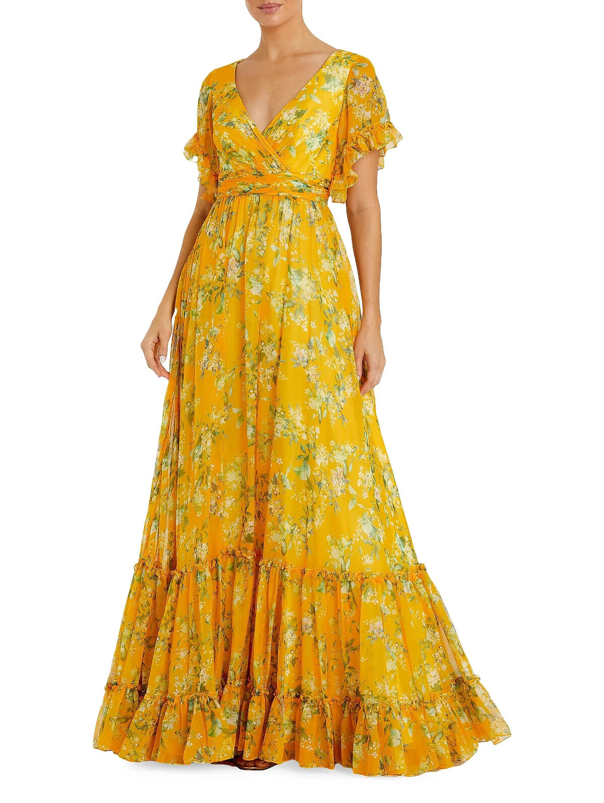 New Mac Duggal Floral Flounce Sleeve Maxi Dress In Yellow Sz 10 #Ld403